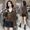 Solid-color motorcycle small leather jacket for women, 2022 autumn new style, small petite pu leather casual loose jacket Specification image